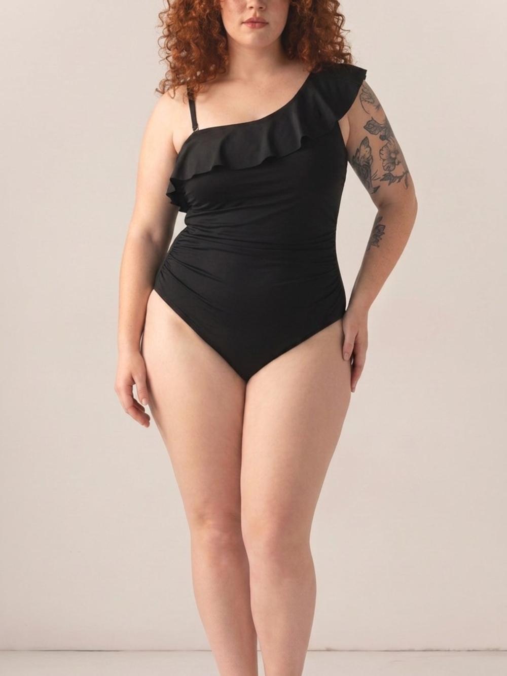 Amazon Black One-Shoulder Ruffle Plus-Size Swimsuit